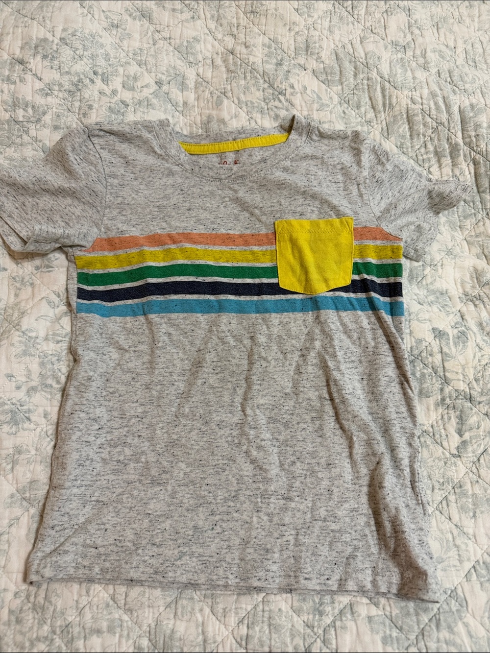 Cat & Jack Gray Tee with Yellow Pocket and Rainbow Stripes